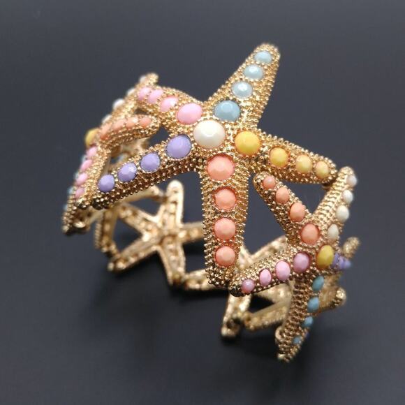 Pastel Starfish Stretch Bracelet, Gold Tone Starfish Pastel Cabochons, 7 Inches - Picture 6 of 12